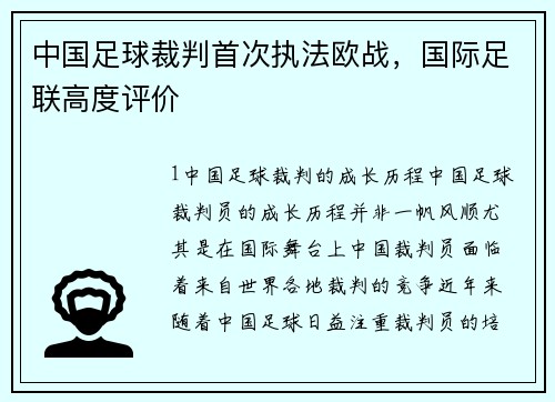 中国足球裁判首次执法欧战，国际足联高度评价